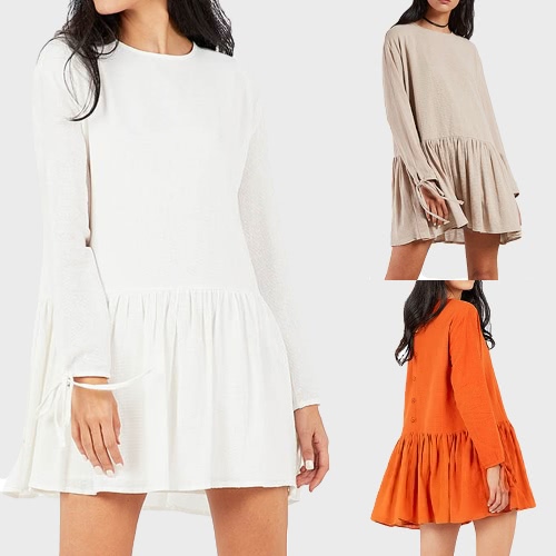 

Autumn Women Mini Dress Solid Long Sleeve Bandage Ruffled Hem Casual Loose Dress Khaki/White/Orange