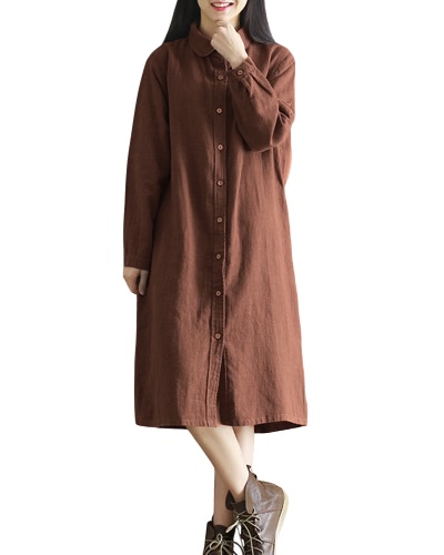 Mulheres Retro Cotton Shirt Vestido Turn-Down Collar Long Sleeve Plus Size Casual Long Line Blusa Top Grey / Coffee