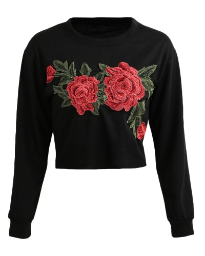 

Women Crop Top Blouse Floral Embroidery O-Neck Long Sleeves Casual Elegant Top Black