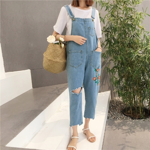 

Fashion Women Floral Ripped Holes Jeans Playsuit Light Blue