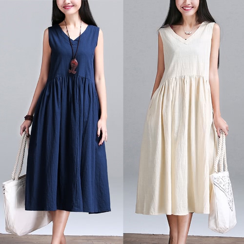 

New Vintage Women Cotton Linen V Neck Sleeveless Loose Dress Ruched Waist Relaxed Cami Tank Dress Dark Blue/White