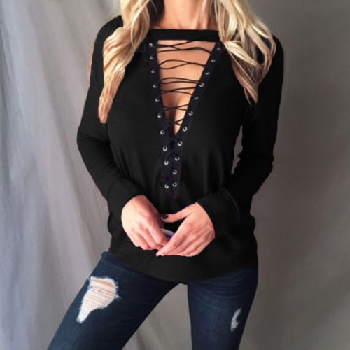 

Blouse Tops Lace Up Bandage Long Sleeve V Neck Shirts Casual Solid Pullover