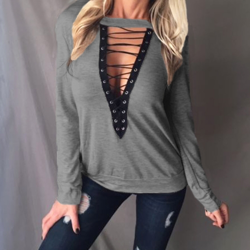 

Блузка Tops Lace Up Bandage Long Sleeve V Шея Рубашки Повседневный твердый пуловер