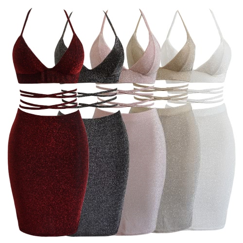 

Сексуальные женщины Cami Two Piece Set Холтер ремень Обложка Top Bandage Bralette Bodycon юбки юбки комплект ночной клуб Outfit