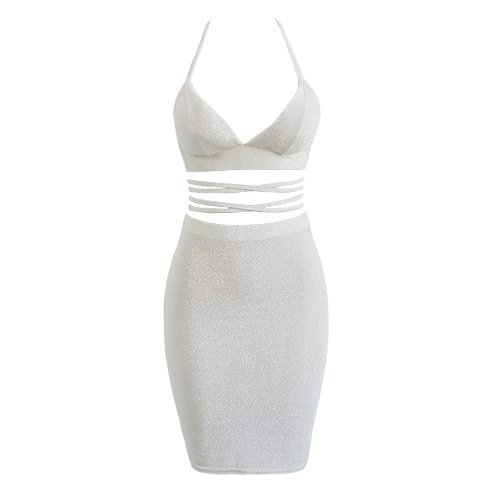 

Сексуальные женщины Cami Two Piece Set Холтер ремень Обложка Top Bandage Bralette Bodycon юбки юбки комплект ночной клуб Outfit