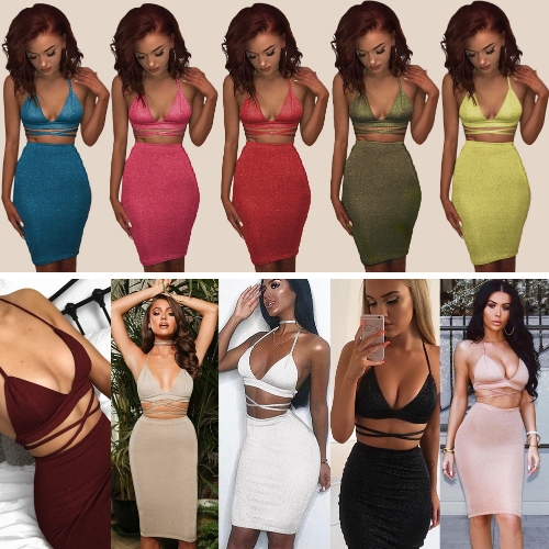 

Sexy Women Cami Two Piece Set Halter Strap Crop Top Bandage Bralette Bodycon Midi Skirt Set Party Nightclub Outfit