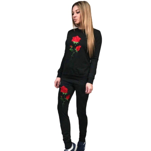 Women Floral Embroidery Long Sleeves Tracksuit Sweatshirt Spring Autumn Casual Sports Suit Set Top Long Pants Black/Grey