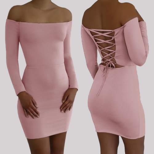

Women Bodycon Off Shoulder Dress Lace Up Open Back Slash Neck Long Sleeves Sheath Mini Party Dress