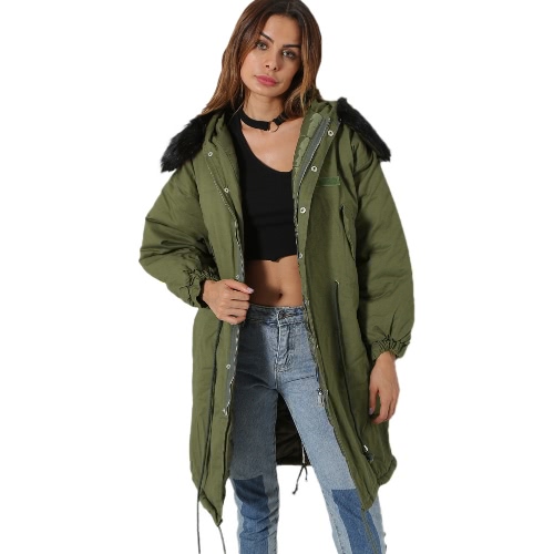 Revestimento de casaco de inverno para mulheres Revestimento quente Revestimento com capuz com manga comprida Outwear Preto / Escuro Verde / Branco