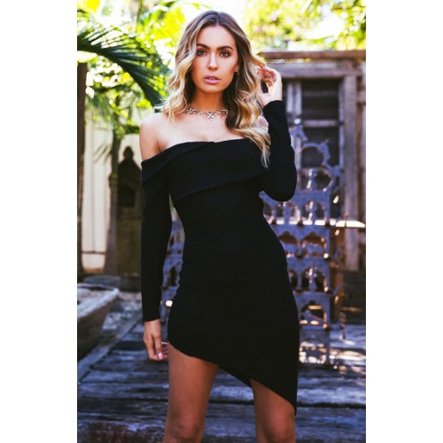 

Off Shoulder Long Sleeves Layered Asymmetric Party Bodycon Sweater Dress