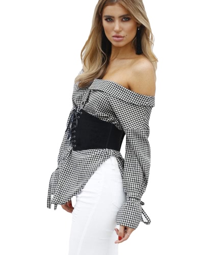 

Sexy Women Plaid Blouse Off Shoulder Irregular Hem Long Sleeves Casual Elegant Top Shirt