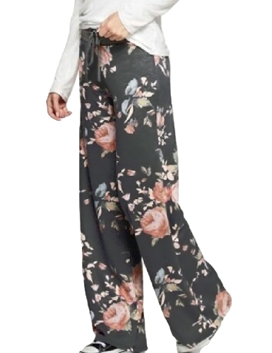 Women Casual Loose Boho Pants Floral Star Striped Print American Flag High Elastic Waist Long Trousers Wide Leg Pants