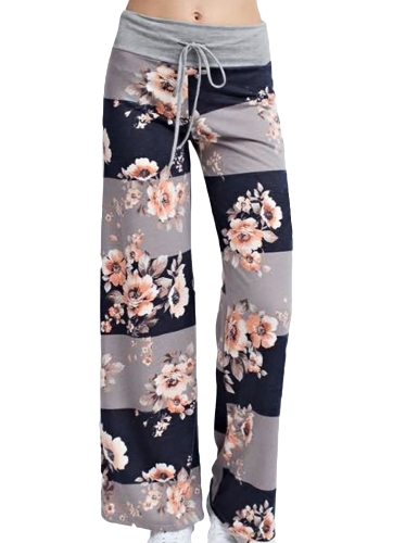 Pantaloni casual larghi da donna Pantaloni a vita bassa con stampa floreale a righe con bandiera americana Pantaloni lunghi a vita alta con elastico in vita