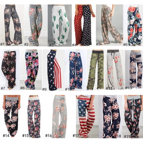 Pantaloni casual larghi da donna Pantaloni a vita bassa con stampa floreale a righe con bandiera americana Pantaloni lunghi a vita alta con elastico in vita