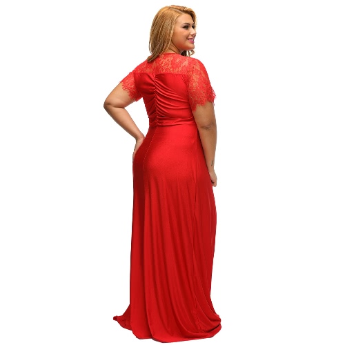 

Women Plus Size Maxi Long Dress Solid Lace Splice Ruched V-Neck Short Sleeves Elegant Party Dress