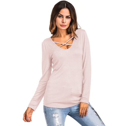 

Floral Printed Cross V Neck Long Sleeves Asymmetric Women's T-shirt