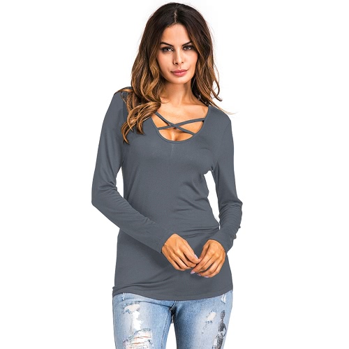 

New Fashion Women Floral Printed T-shirt Cross V Neck Long Sleeves Asymmetric Tee Shirt Tops