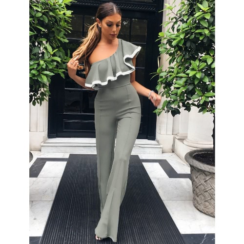 Moda mujer un hombro volantes Jumpsuit pierna ancha sexy trajes de baño señora sólida pantalones trajes