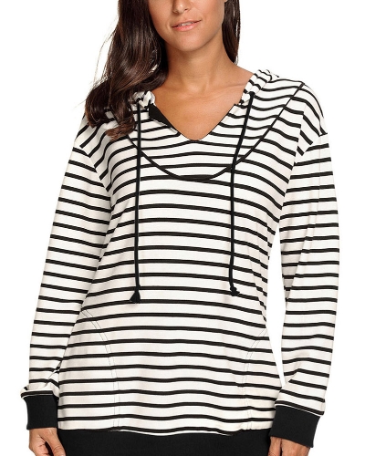 

Women Hooded Sweater Stripes V-Neck Pockets Elegant Hoodies Top