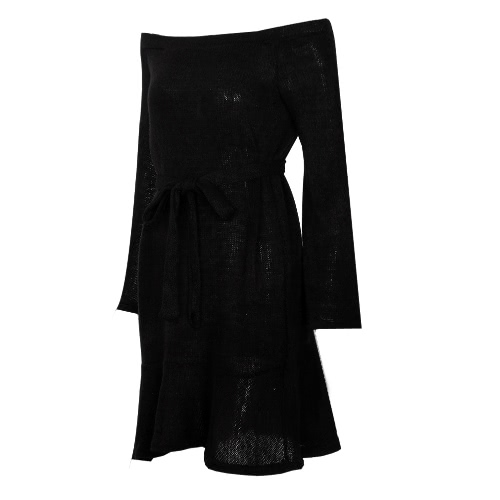 

New Sexy Women Off Shoulder Knitting Sweater Dress Elegant Ruffle Sash Long Sleeve Casual Jumper Party Dress