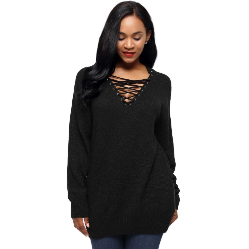 New Women Knitted Sweater Lace Up Pullover Jumper V-Neck Long Sleeve Casual Loose Knitwear Tops