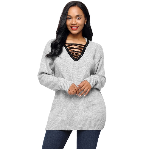 

Knitted Lace Up Pullover V-Neck Long Sleeve Casual Loose Sweater