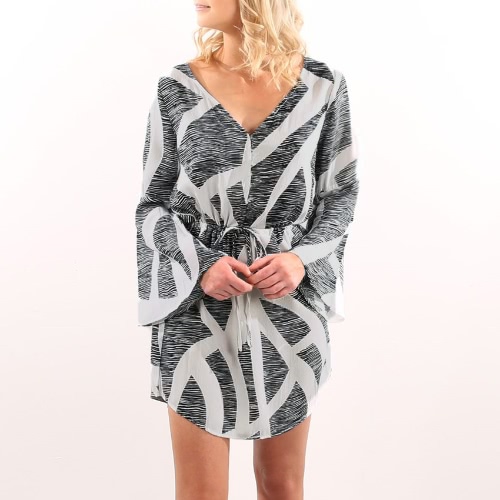 

Геометрические Print V шеи с длинным рукавом Drawstring Casual Women's Mini Dress