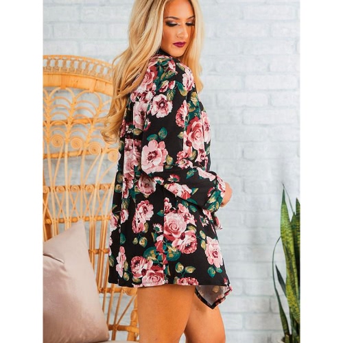 

New Fashion Women Kimono Cardigan Floral Print Ruffle Top Plus Size Casual Outwear Coat Black