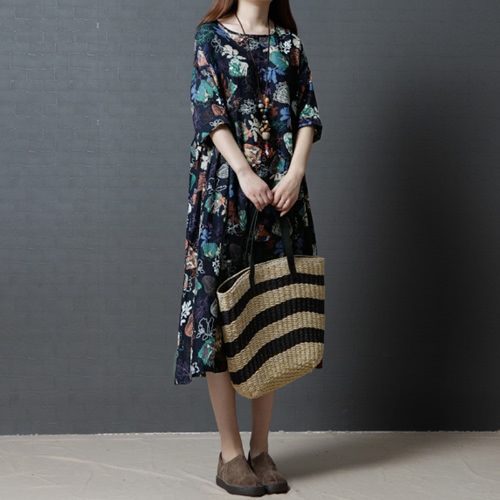 

Vintage Loose Cotton Linen Floral Print O Neck Half Sleeve Women's Midi Dress