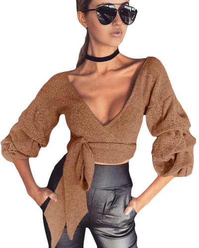 

Sexy Women Crop Top Blouse Deep V-Neck 3/4 Sleeves Straps Solid Color Elegant Casual Top