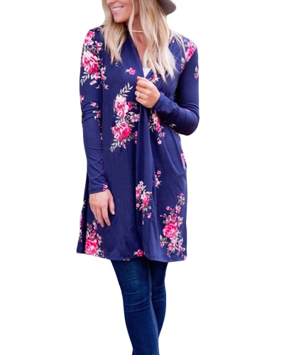 Moda Long Cardigan Front Floral Print Manga comprida Casacos femininos