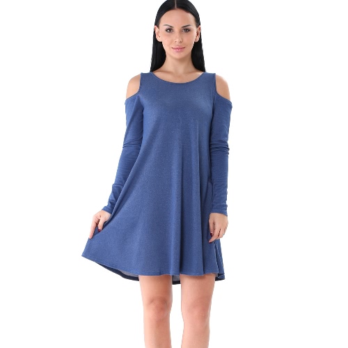 Autumn Women Mini Dress Solid Off Shoulder Long Sleeve Casual Loose Dress Black / Blue / Dark Blue