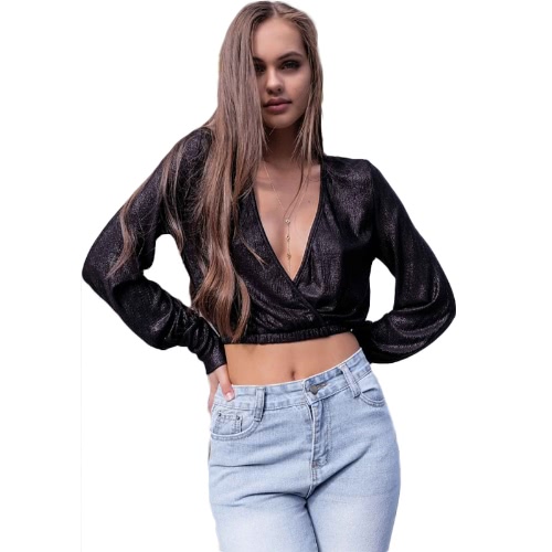 Mujeres atractivas Deep V cuello linterna manga de cosecha superior Metallic lentejuelas Wraparound manga larga Slim blusa negro / oro