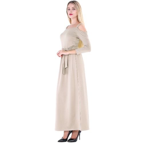 

New Women Long Dress Off Shoulder Solid Color Belt 3/4 Sleeves Elegant Casual A-Line Dresses