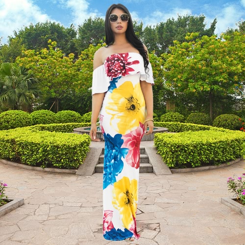 

Sexy Women Off Shoulder Maxi Dress Ruffles Floral Print Slim Bodycon Flowers Party Holiday Long Dress