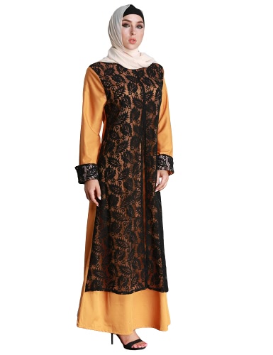 

Fashion Women Muslim Dress Lace Splice Long Sleeve Abaya Kaftan Islamic Arab Robe Maxi Long Dress Yellow