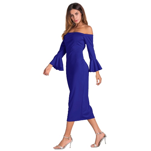 

Sexy Women Bodycon Dress Off Shoulder Solid Flare Sleeves Party Club Midi Slim Dresses