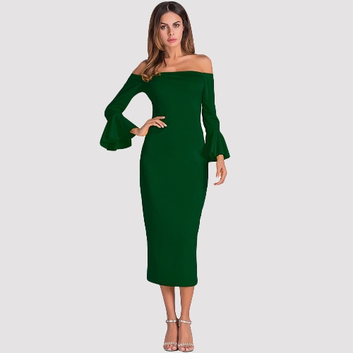 

Sexy Women Bodycon Dress Off Shoulder Solid Flare Sleeves Party Club Midi Slim Dresses