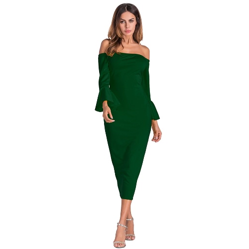 Sexy Women Bodycon Dress Off Shoulder Solid Flare Sleeves Party Club Midi Slim Dresses