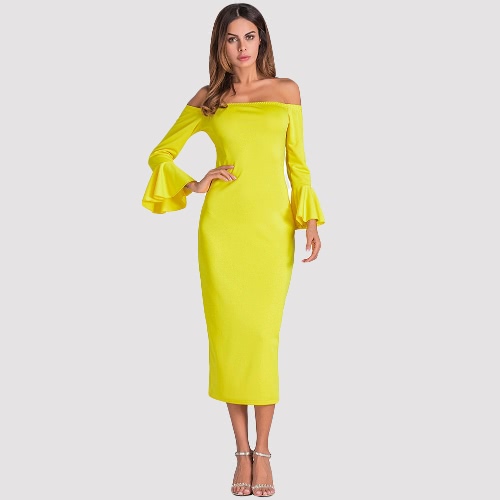 

Sexy Off Shoulder Solid Flare Sleeves Party Club Midi Bodycon Dress