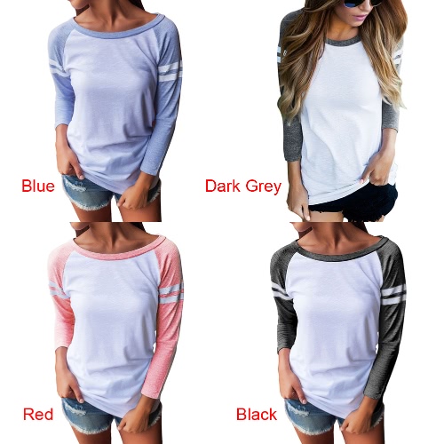 

Women Autumn T-shirt Blouse Stripes Color Splice O-neck 3/4 Sleeves Elegant Casual Top Pullover