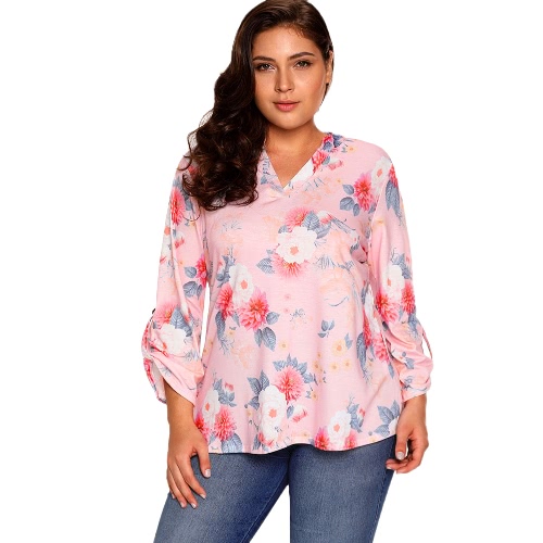 

New Women Floral Print Blouse Rolled Sleeve Asymmetric Loose T-shirts Tunic Plus Size Tops