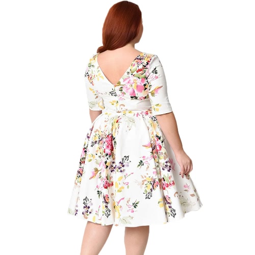 

Новый Vintage Плюс Размер Цветочные Swing Платье Круглая Шея Half Sleeve Высокая талия Назад Zip Party Плиссированное Платье