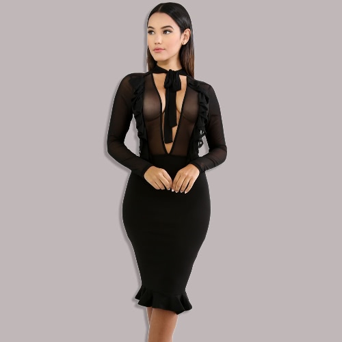 

Sheer Mesh V Tied High Waist Ruffle Midi Nightclub Women's Bodycon Dress