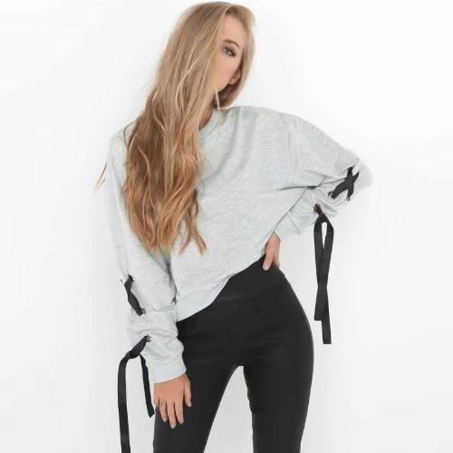 

Sweatshirts Lace-Up Bandage O-Neck Long Sleeve Solid Casual Pullover Tops