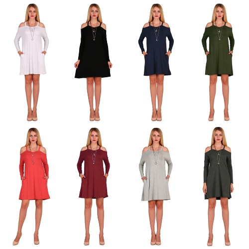 

New Fashion Women Cold Shoulder Mini Dress Spaghetti Strap Side Pockets Long Sleeve Party Loose Swing Dress