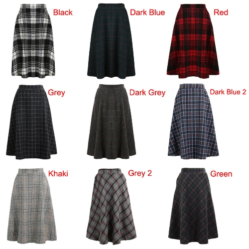 

Winter Women Plaid Skirt Woolen High Elastic Waist Elegant A-Line Vintage Warm Midi Skirts
