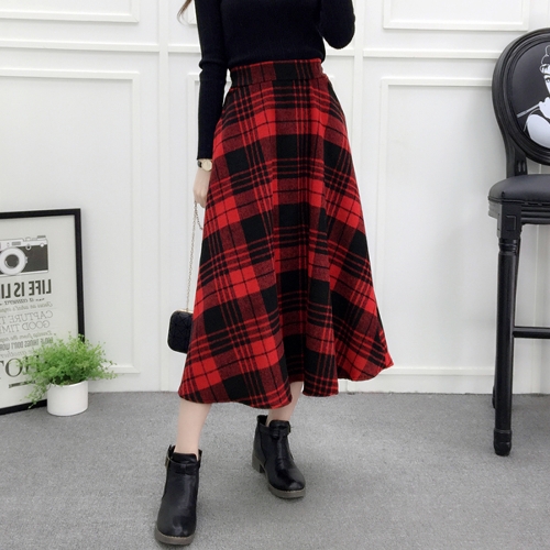 

Women Plaid Skirt Woolen High Elastic Waist Elegant A-Line Midi Skirts