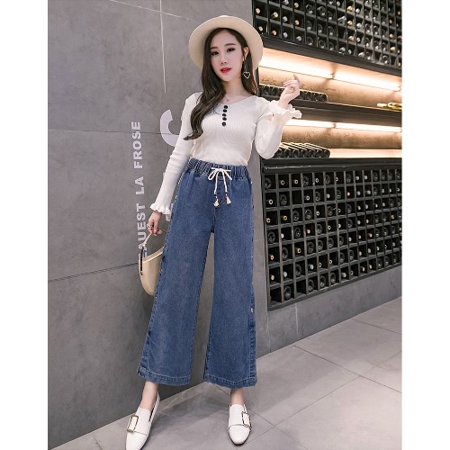 

Женские джинсовые джинсы Широкие брюки для ног Snap Split Side Drawstring Waist Loose Casual Pants Blue