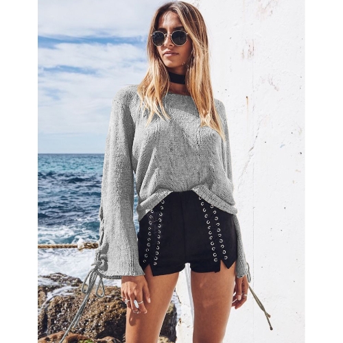 

Bell Sleeves Knitted Pullover Sweater Lace Up Eyelets O Neck Loose Casual Top